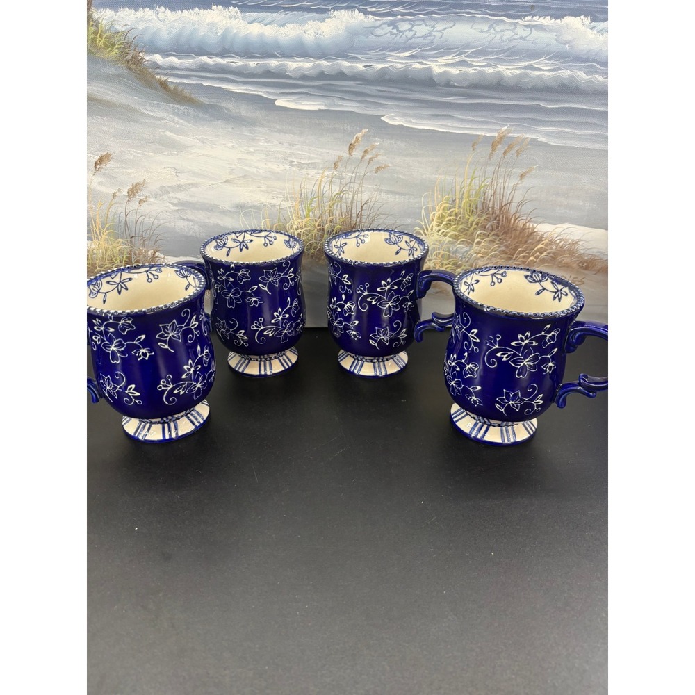 Temp-tations Floral Lace Cobalt Blue 16 oz Footed Coffee Mugs Set of 4 Ceramic